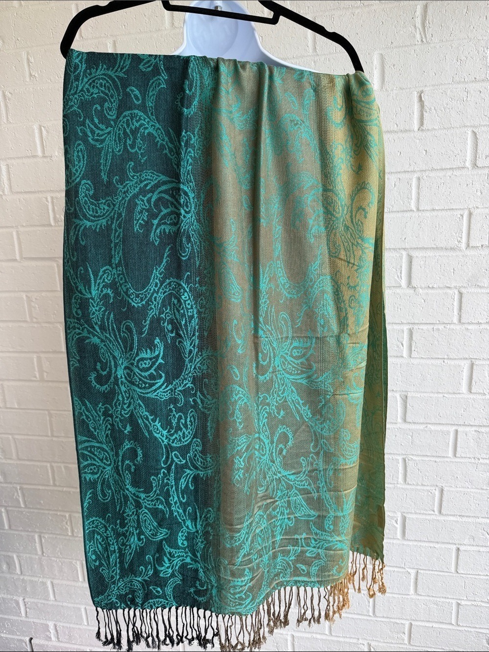 Pashmina Turquoise/Green/Gold Paisley Jacquard Wrap Shawl Scarf with Fringe Soft